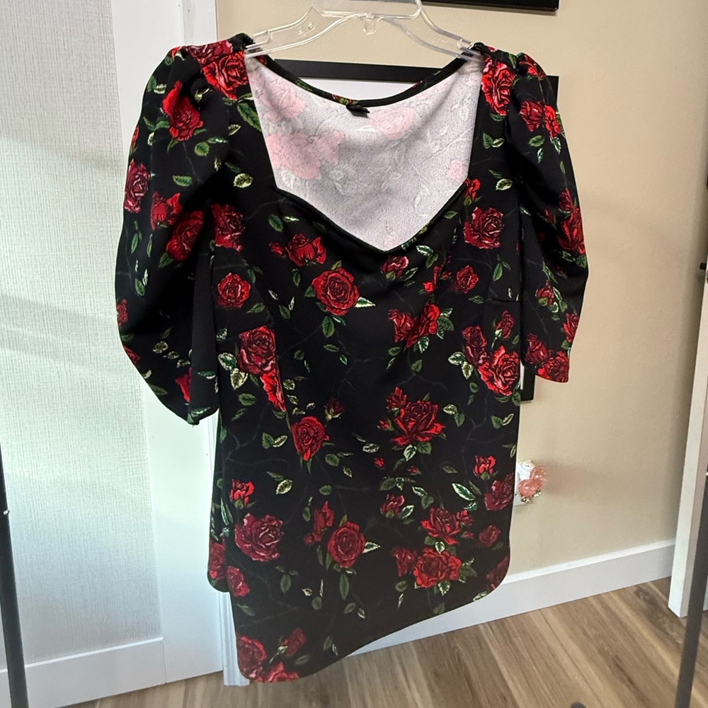 SHEIN Floral Black Top with Red Roses